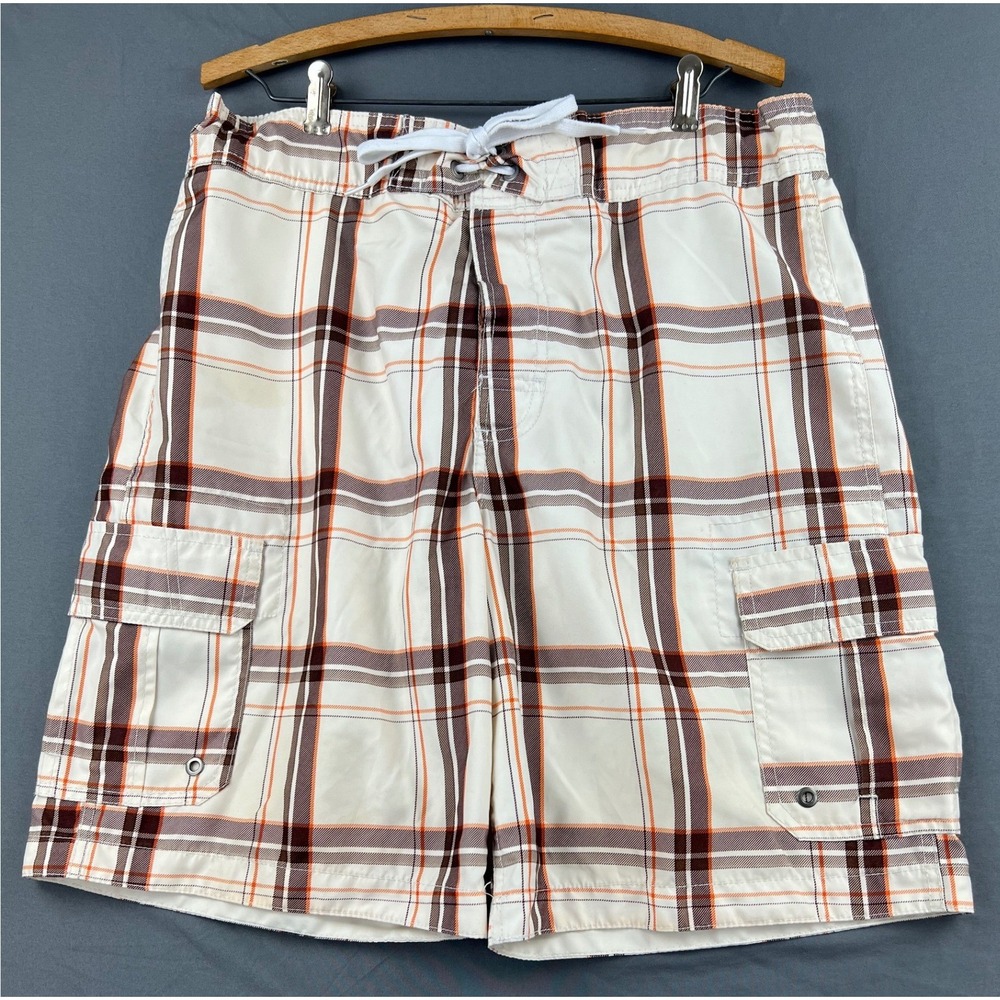 Merona Board Shorts Mens M Plaid White Brown Orange Cargo Swim Trunks Good